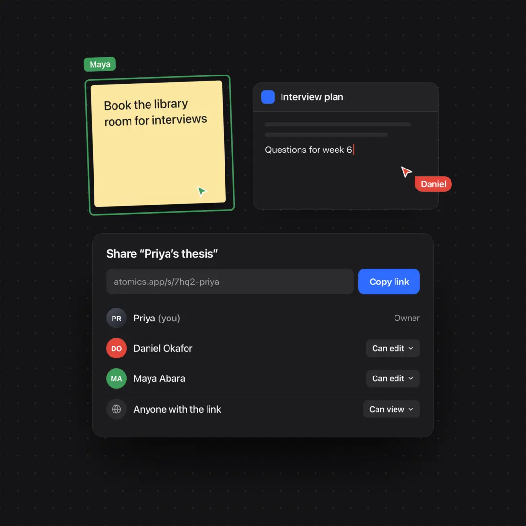 Two people editing on one board, with the share settings open.