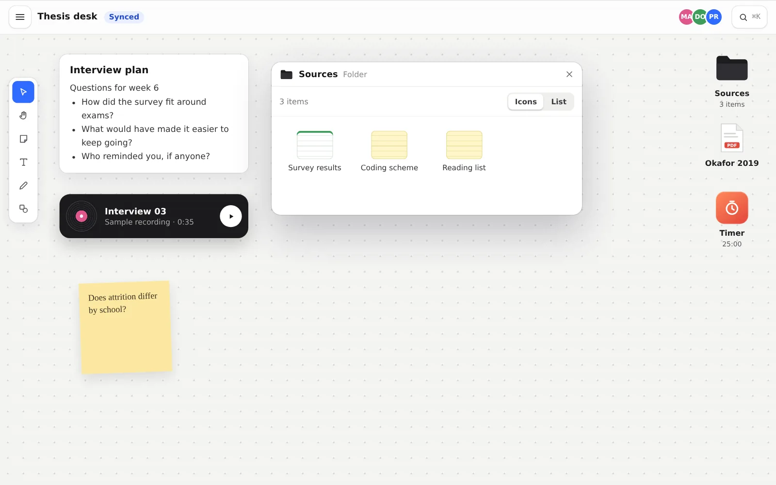 An Atomics space: notes, folders and recordings laid out as icons and windows on one board.